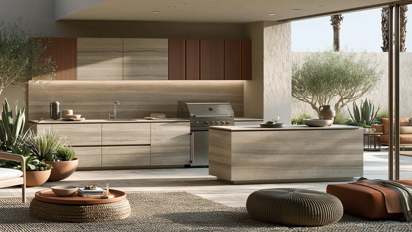 A linear sand-toned sintered stone terrace kitchen, shown as a wide room view