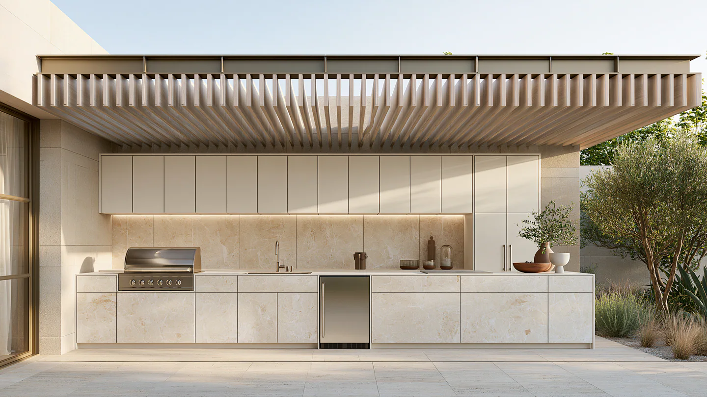 A warm white sintered stone outdoor kitchen beneath a pergola, shown as a wide room view