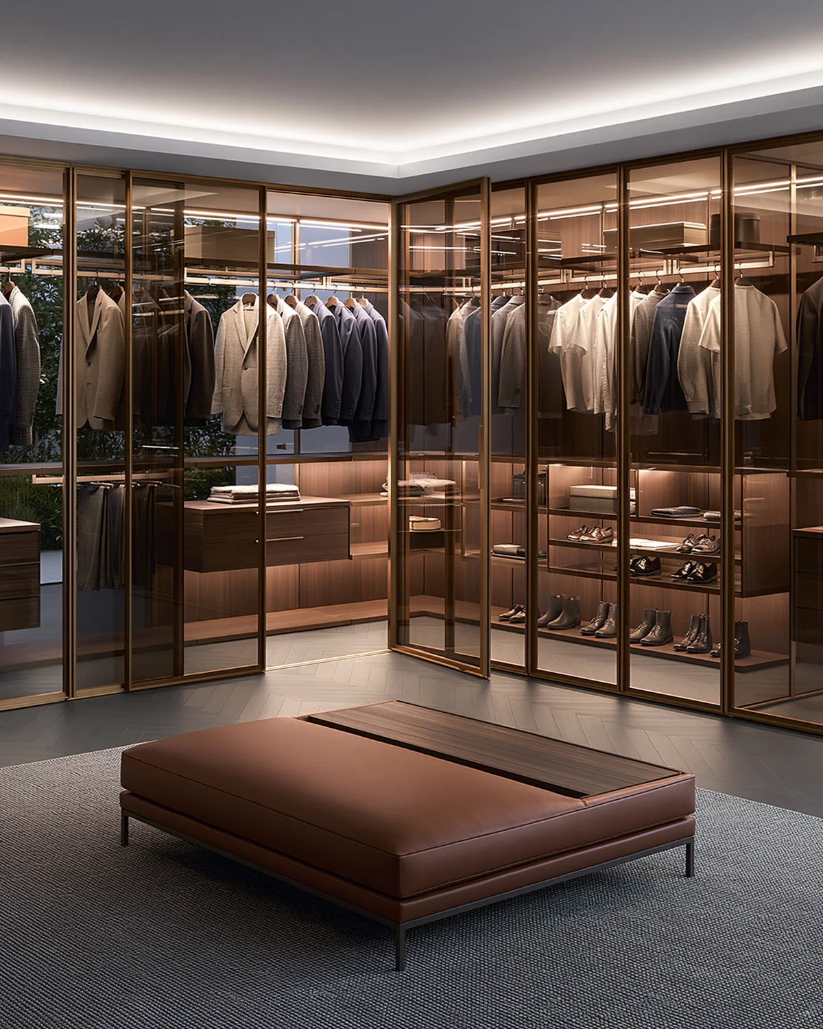 A bronze aluminum wardrobe with smoked glass doors, shown as an associated cabinet detail