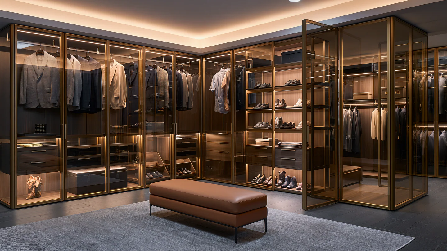 A bronze aluminum wardrobe with smoked glass doors, shown as a wide room view