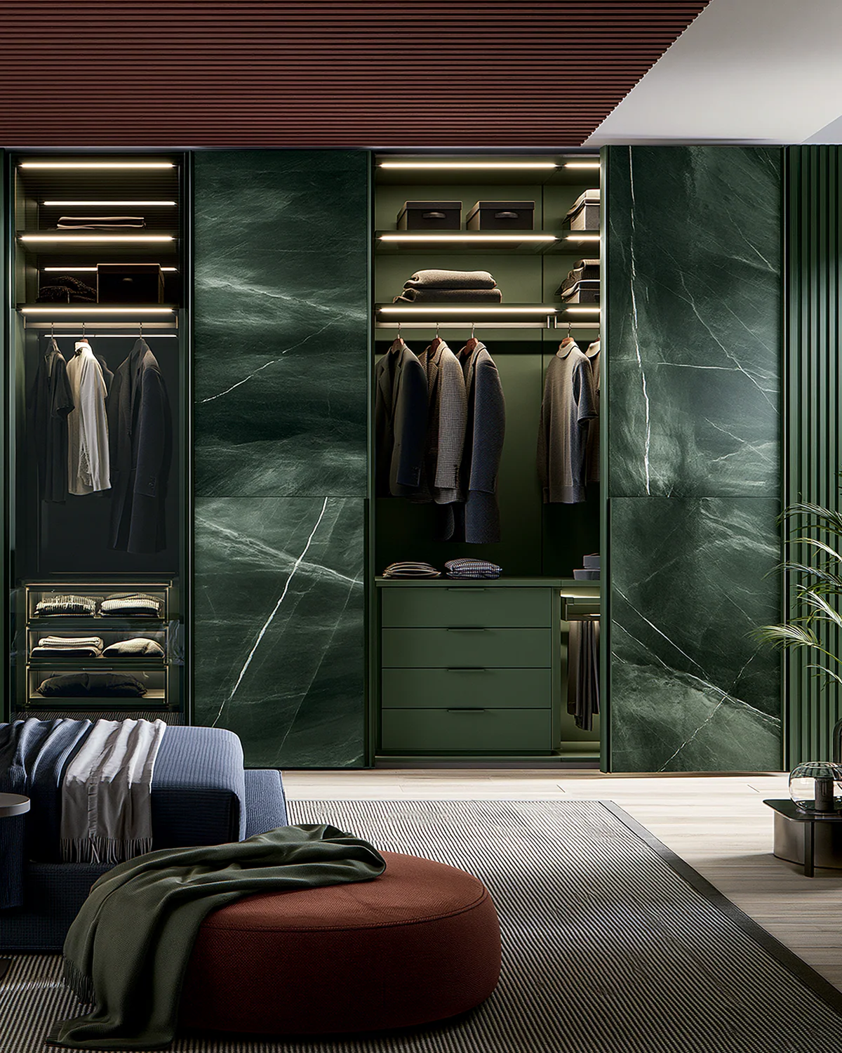 Dark sintered stone wardrobe doors, shown as an associated cabinet detail