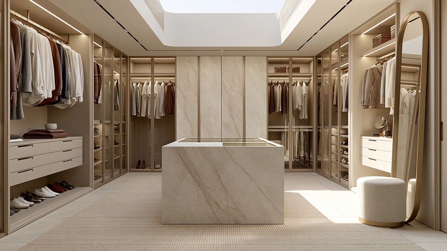 A light sintered stone wardrobe island, shown as a wide room view