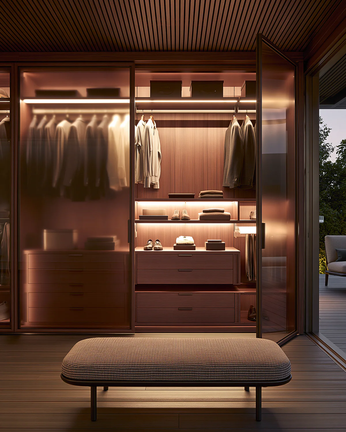 A dark wood boutique wardrobe, shown as an associated cabinet detail
