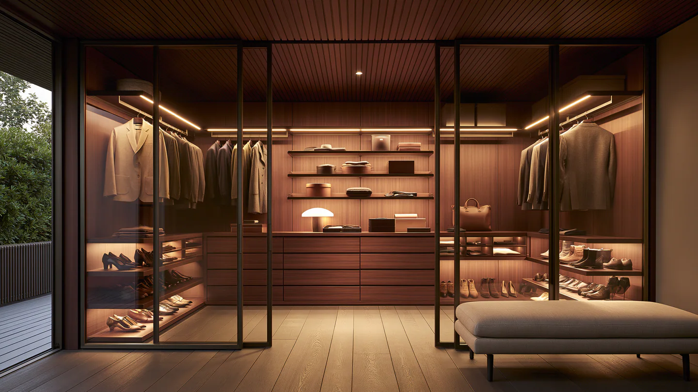 A dark wood boutique wardrobe, shown as a wide room view