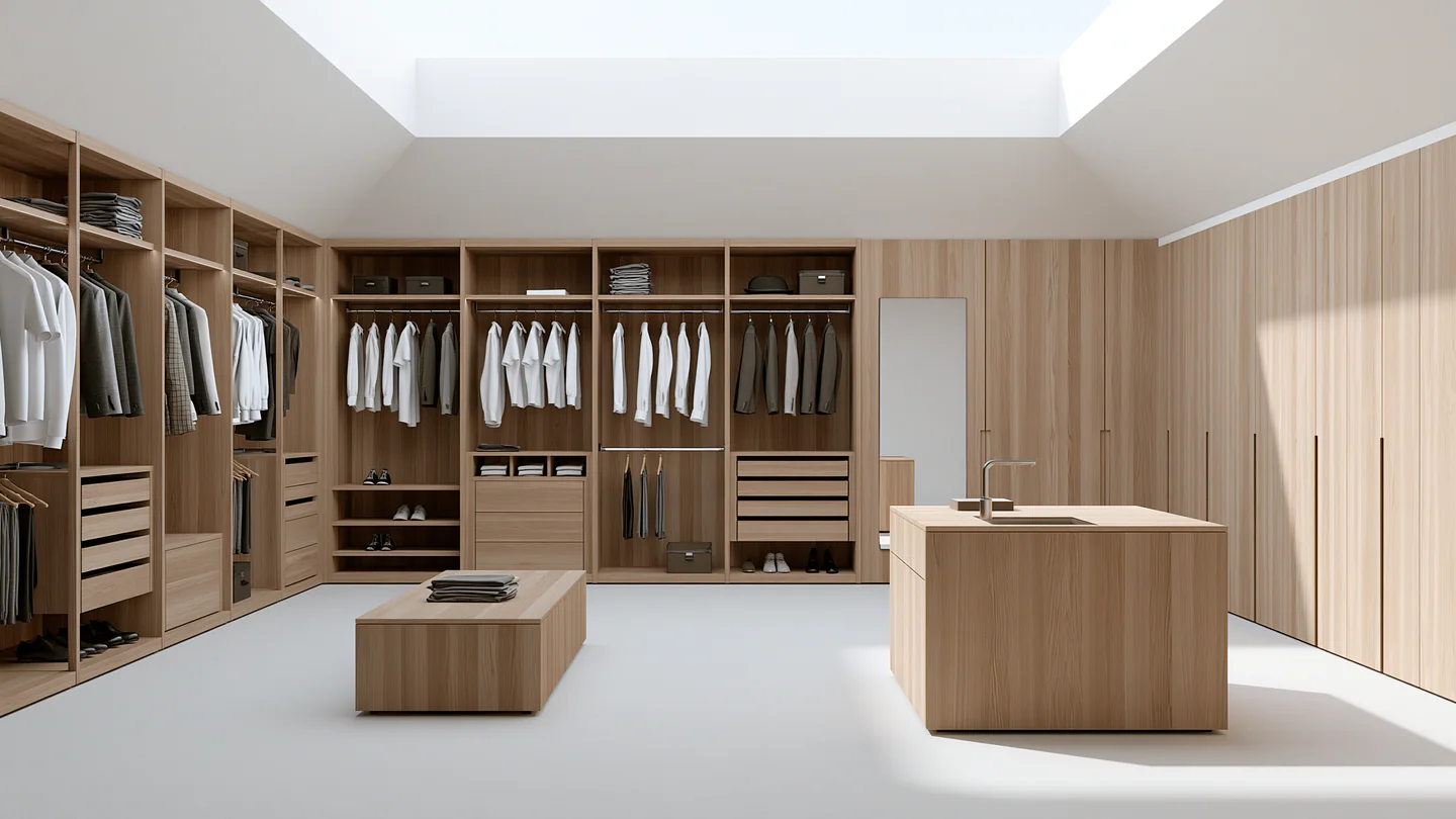A light wood dressing room and wardrobe, shown as a wide room view