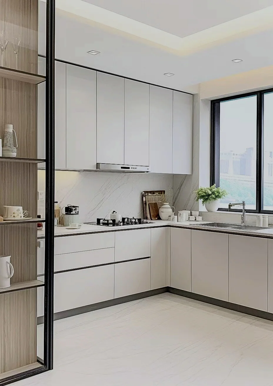 Bright L-shaped kitchen with pale flat-front cabinets, open wood shelving and a marble-look backsplash