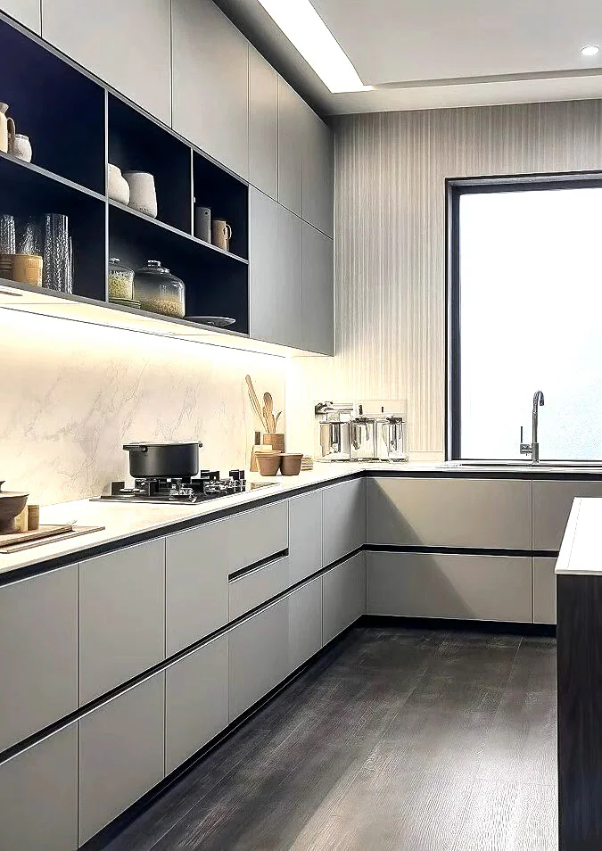 L-shaped kitchen with warm grey upper cabinets, pale lower fronts and integrated black trim