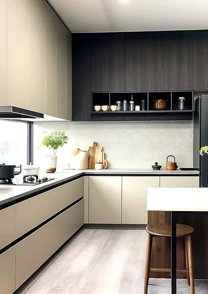 Compact kitchen with dark wood wall cabinets, pale lower cabinets and a small peninsula