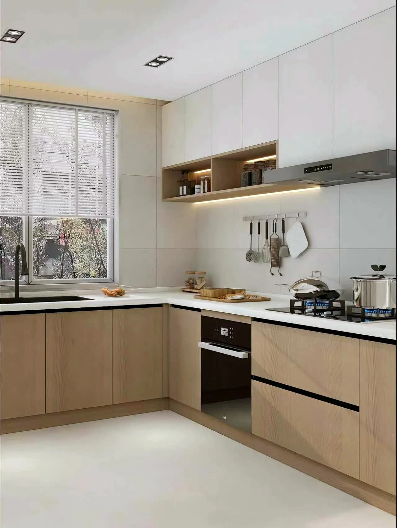 Pale L-shaped kitchen with natural wood lower fronts, integrated appliances and open corner storage