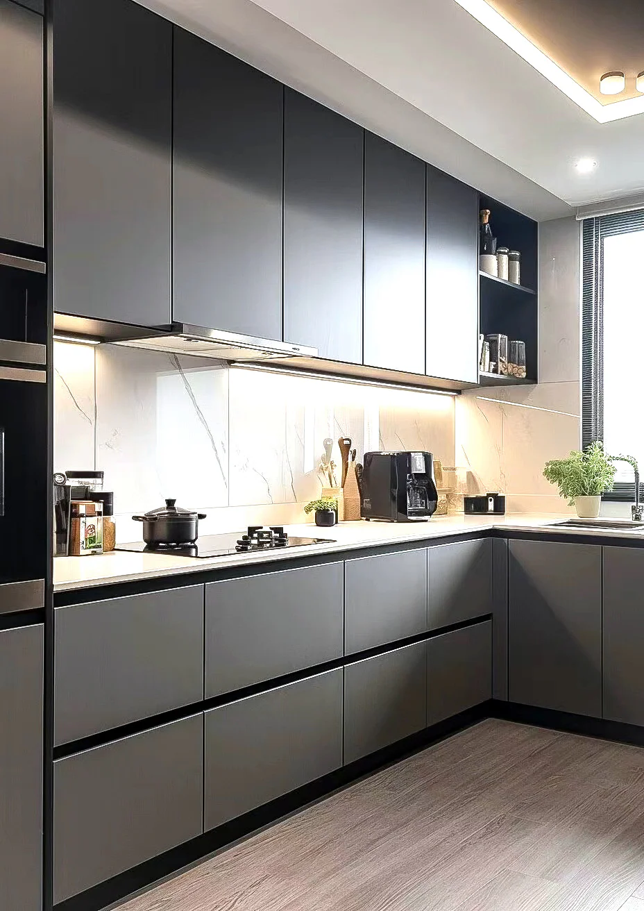 Graphite L-shaped kitchen with slim black pulls, integrated appliances and a pale stone backsplash
