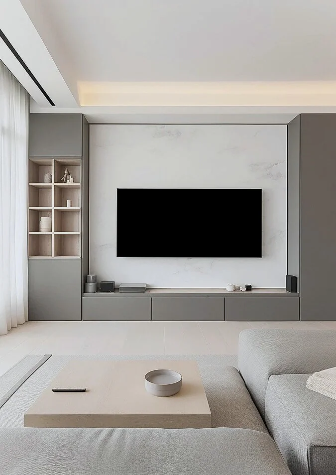 Minimal pale media wall with symmetrical tall cabinets and a long low console