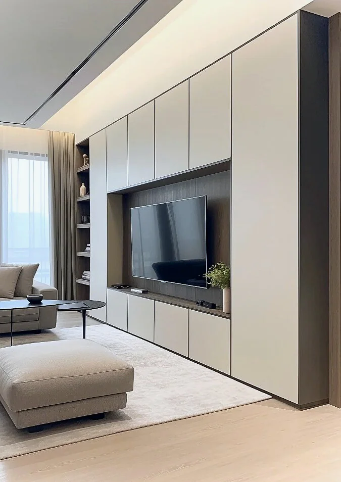 Floor-to-ceiling media storage with pale doors, dark side panels and open display shelves