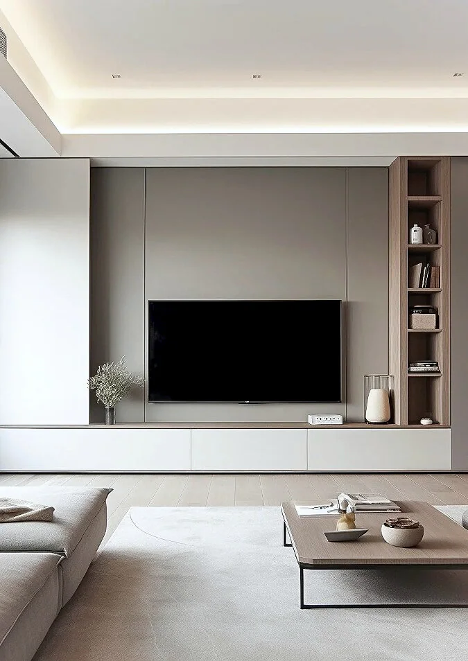Warm grey television wall with tall concealed cabinets, wood display niches and a floating console