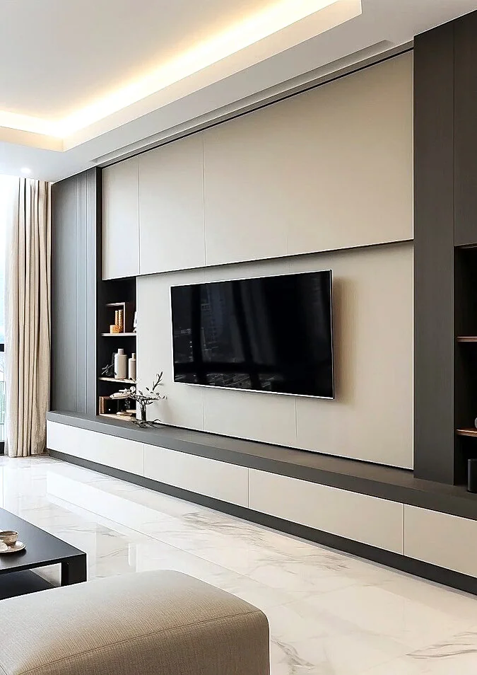 Long white media cabinet with a dark recessed television zone and illuminated side shelving