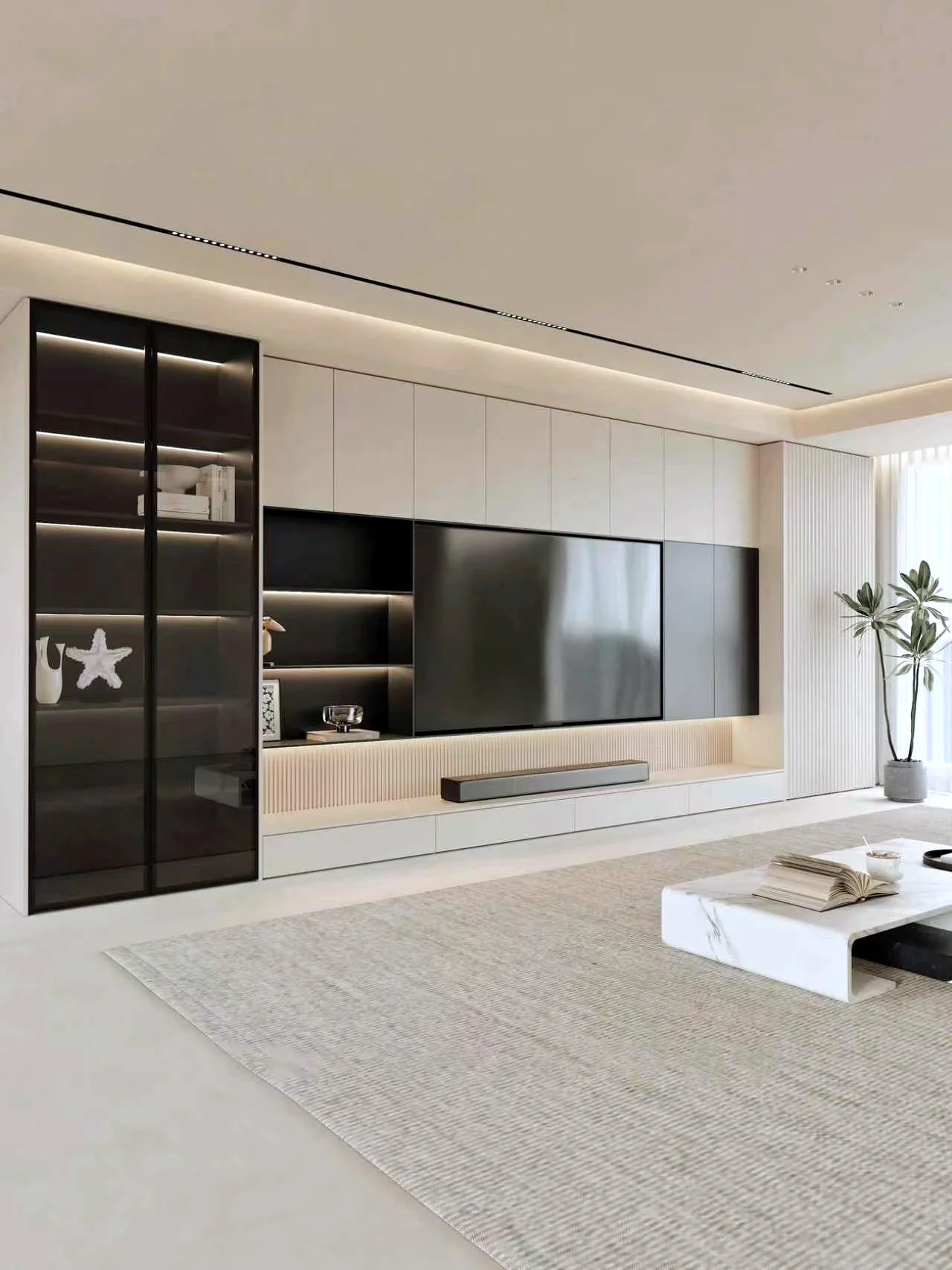 Pale media wall with a dark glass display cabinet, illuminated shelves and a floating console