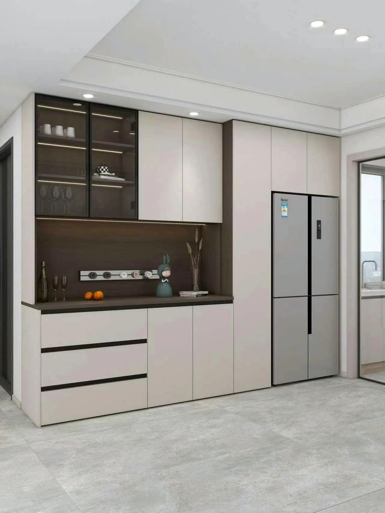 Pale dining sideboard with a dark glass display cabinet, tall storage and an appliance niche