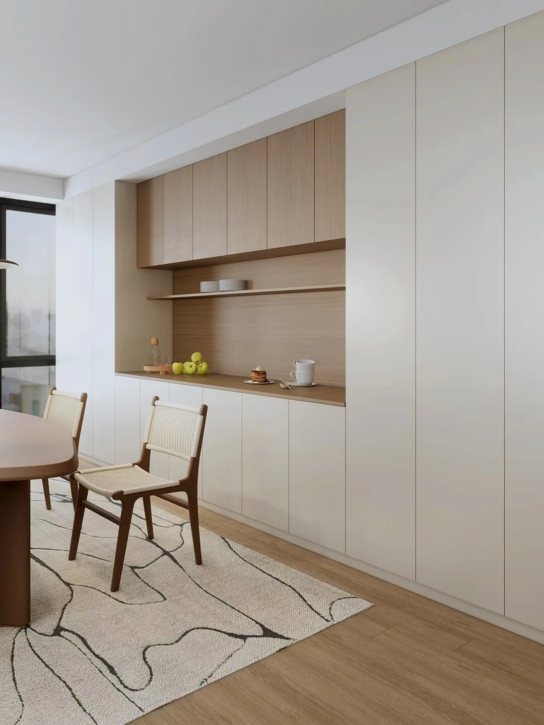 Dining storage wall with pale full-height cabinets, a natural wood work zone and open shelving
