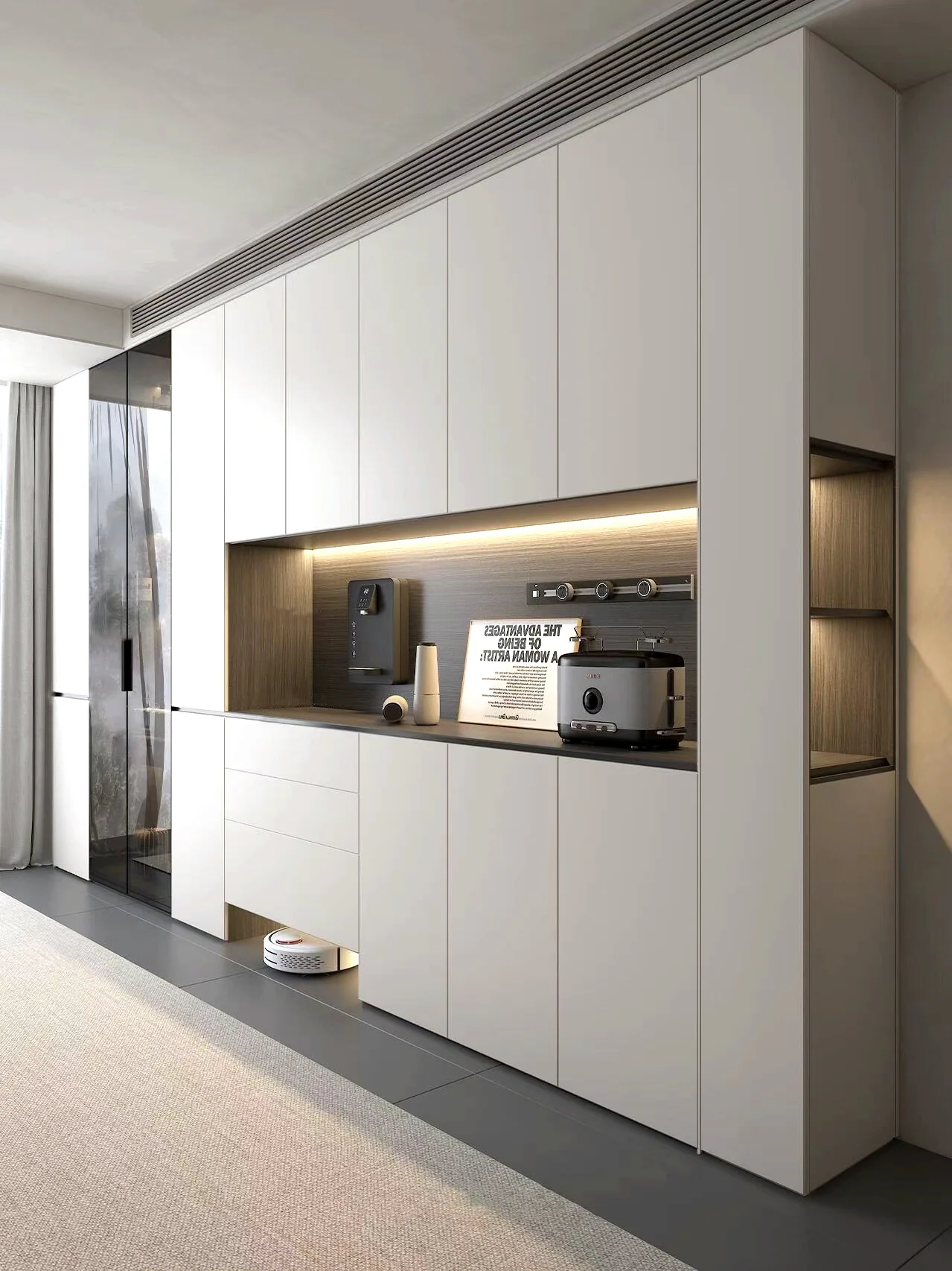 Pale sideboard wall with a warm wood appliance niche, tall cabinets and illuminated open shelves