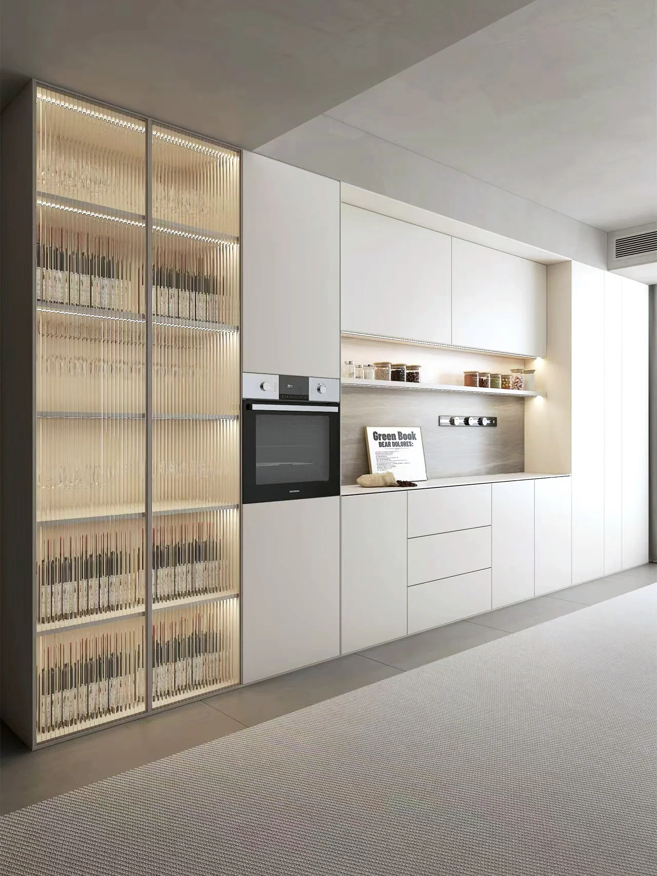 Long pale dining cabinet with a ribbed glass display section and integrated appliance storage