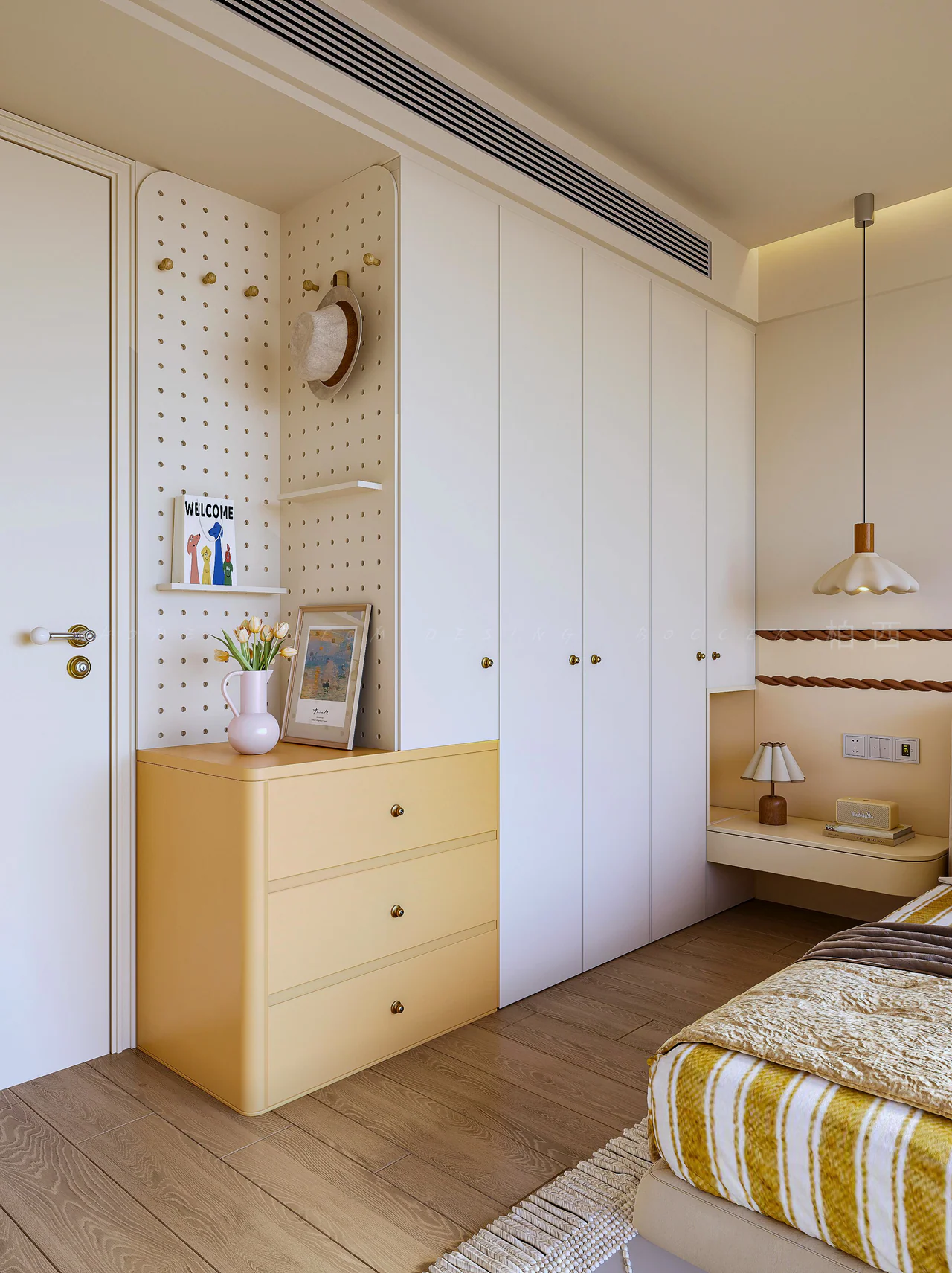Pale bedroom wardrobes with an integrated desk, open pegboard and warm yellow drawer unit