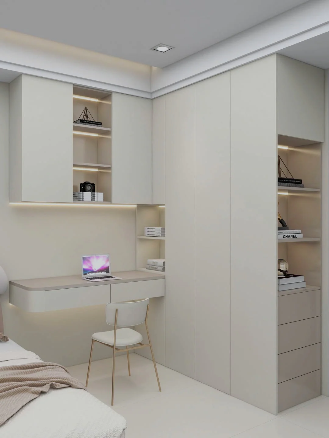 Full-height pale wardrobe with an illuminated study niche and open display shelves