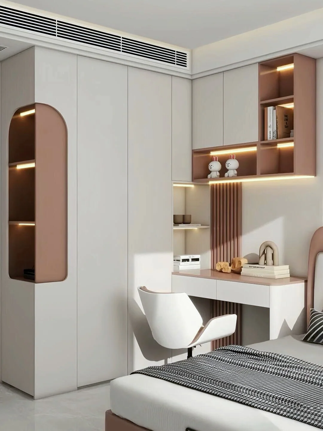 Pale bedroom wardrobe with rounded warm wood niches and an integrated dressing desk