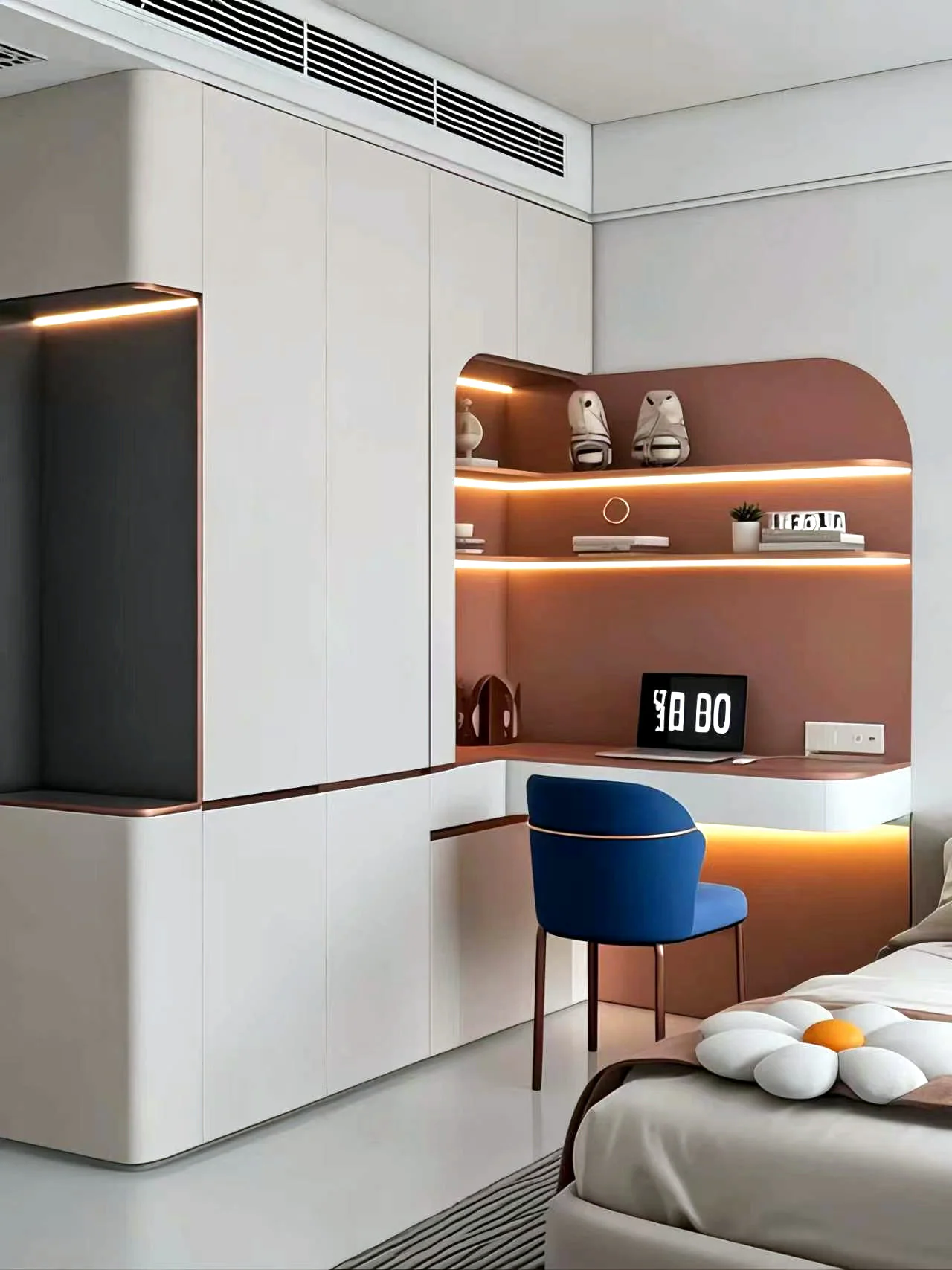 Pale corner wardrobe with a rust-toned illuminated desk niche and curved cabinet details
