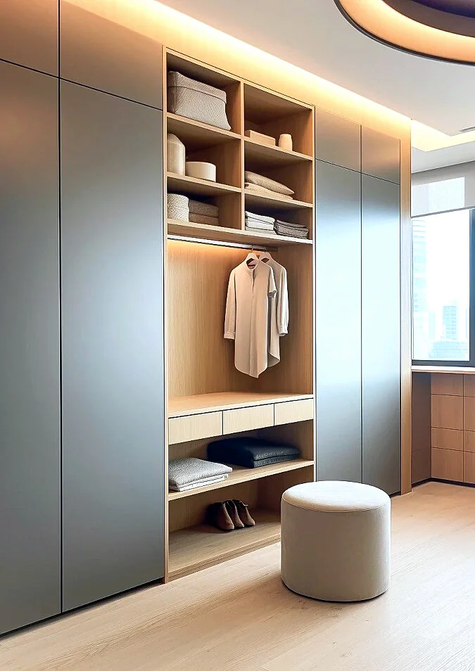Dark framed wardrobe with an illuminated open hanging bay, drawers and shoe shelves