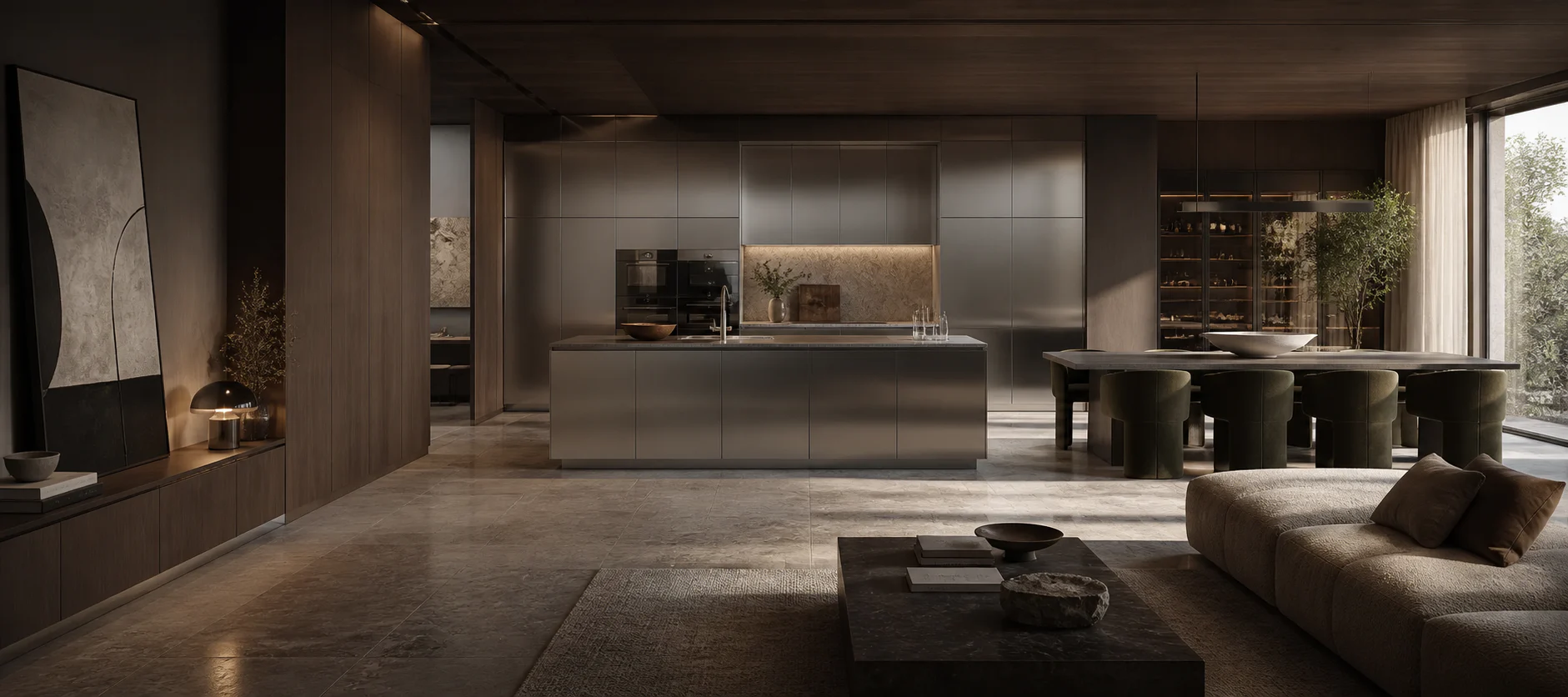 AI-generated concept visualization of a full-width stainless steel kitchen and living interior