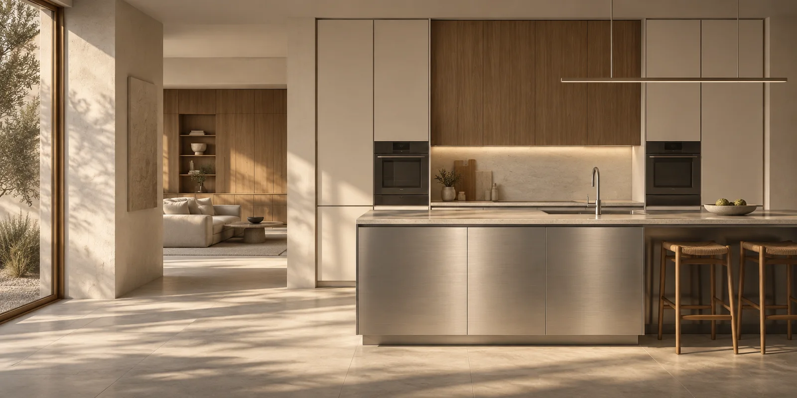 Interior design concept with brushed stainless steel kitchen cabinets and coordinated oak living room storage