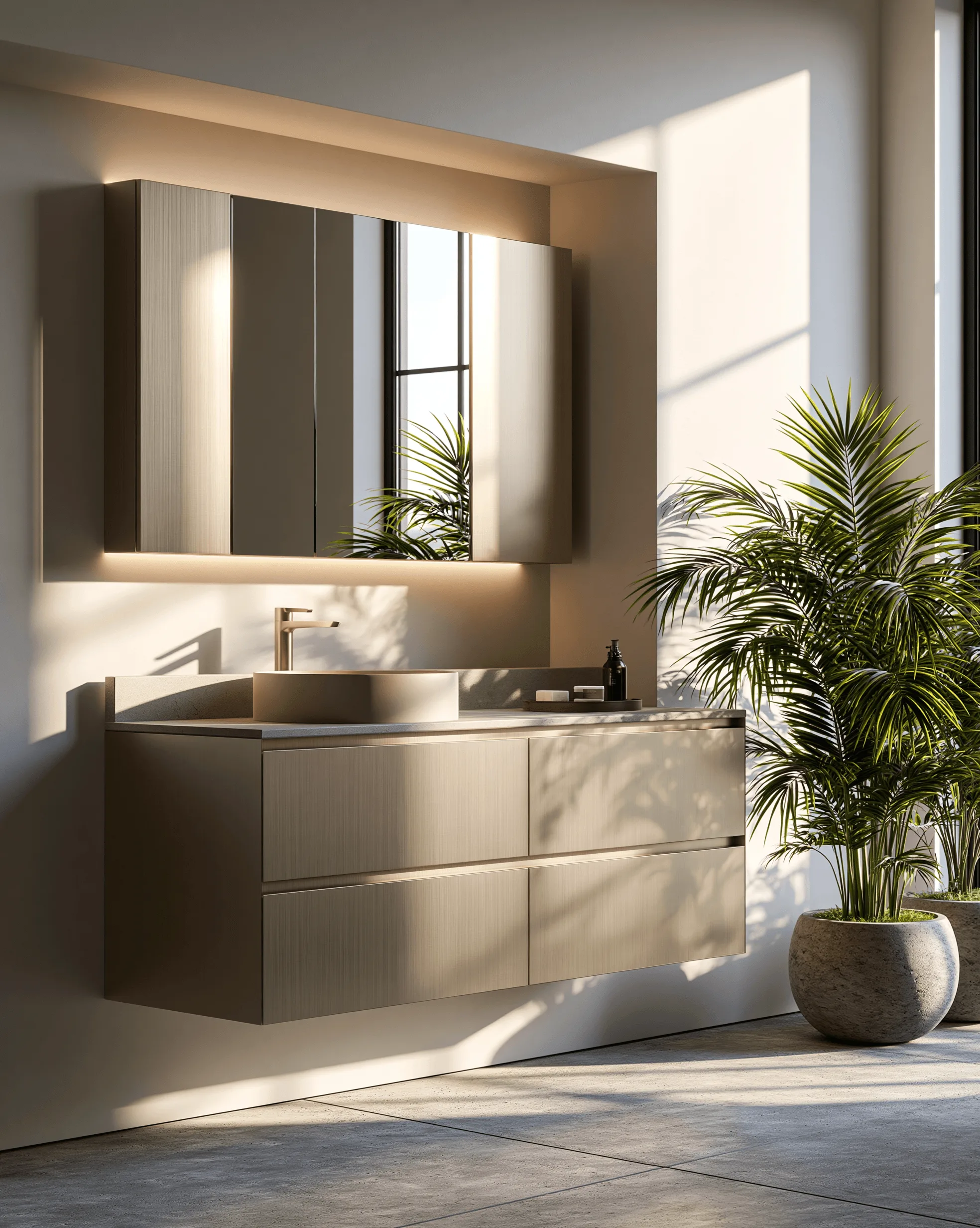 Warm metallic stainless steel bathroom vanity