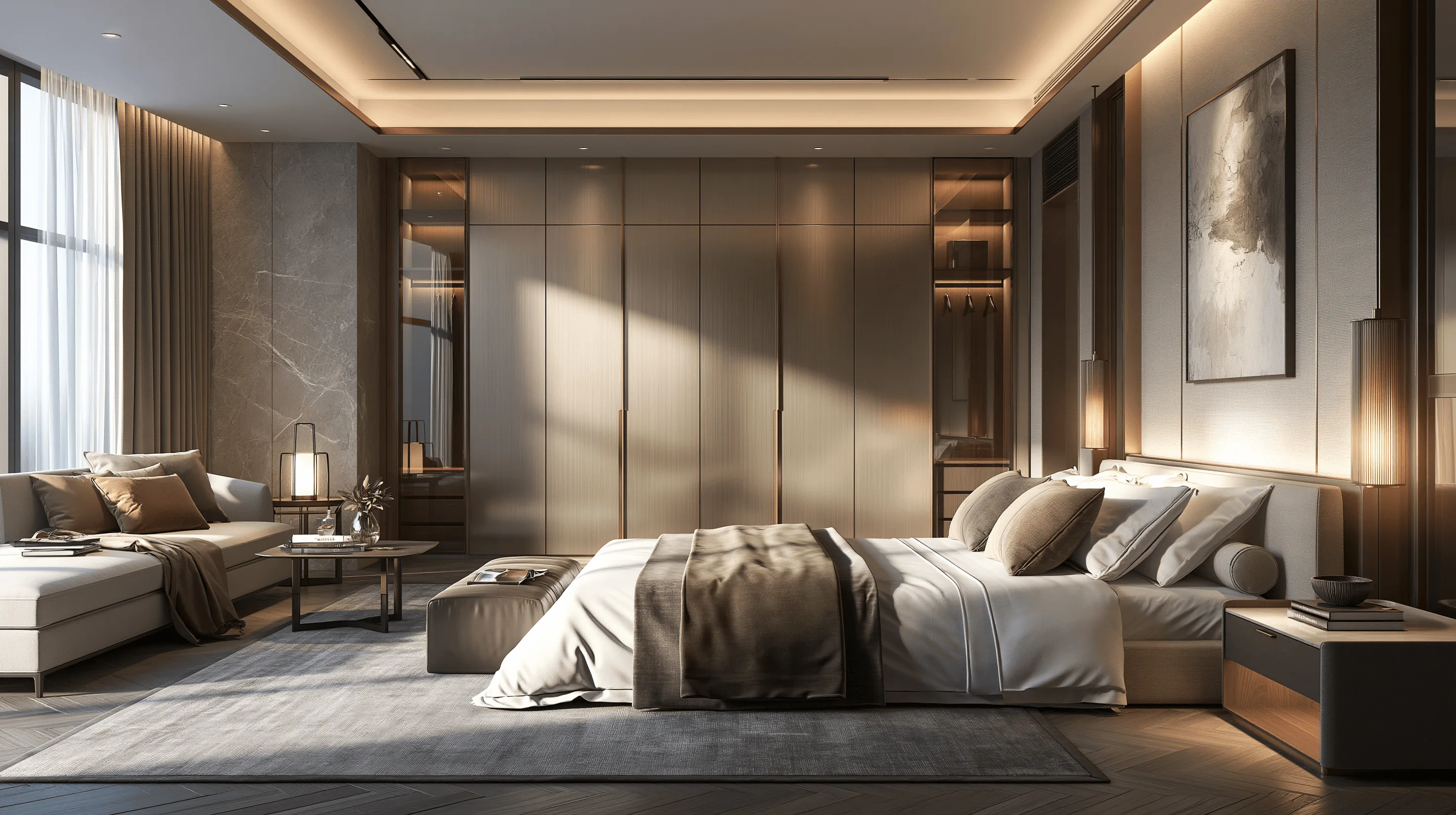 Zovia Warm Tones · Ivory & Wood Grain stainless steel bedroom wardrobe