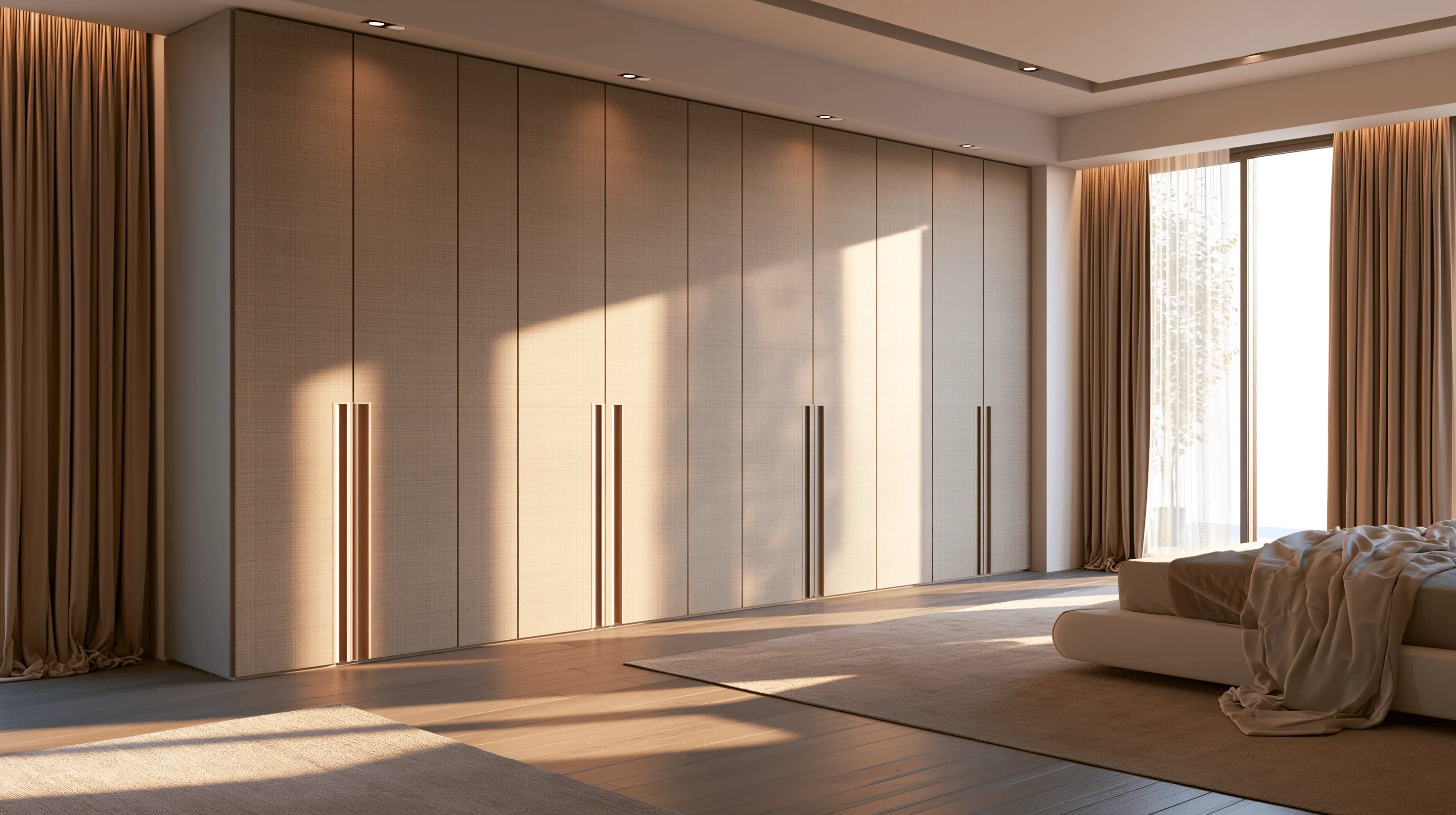 Zovia Warm Tones · Ivory & Wood Grain stainless steel bedroom wardrobe