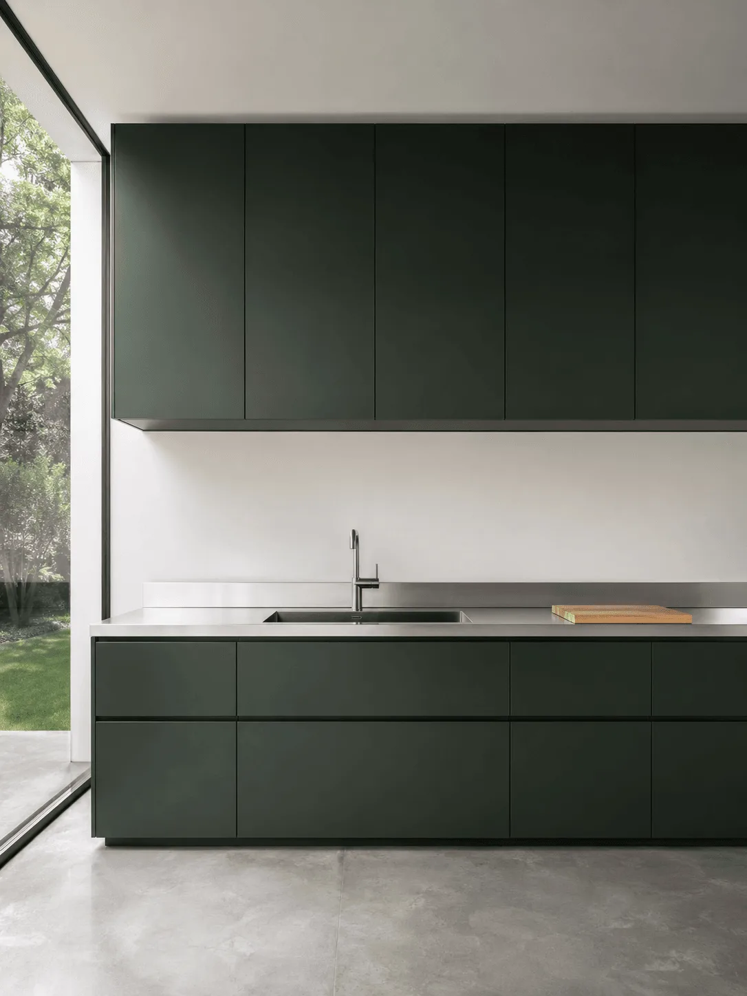 Cool toned stainless steel kitchen cabinetry