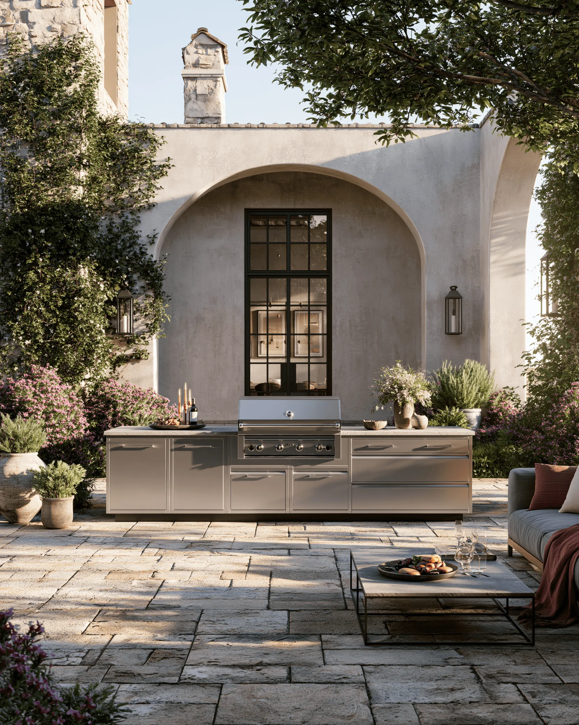 Zovia Champagne, Gold & Wood Grain stainless steel outdoor kitchen