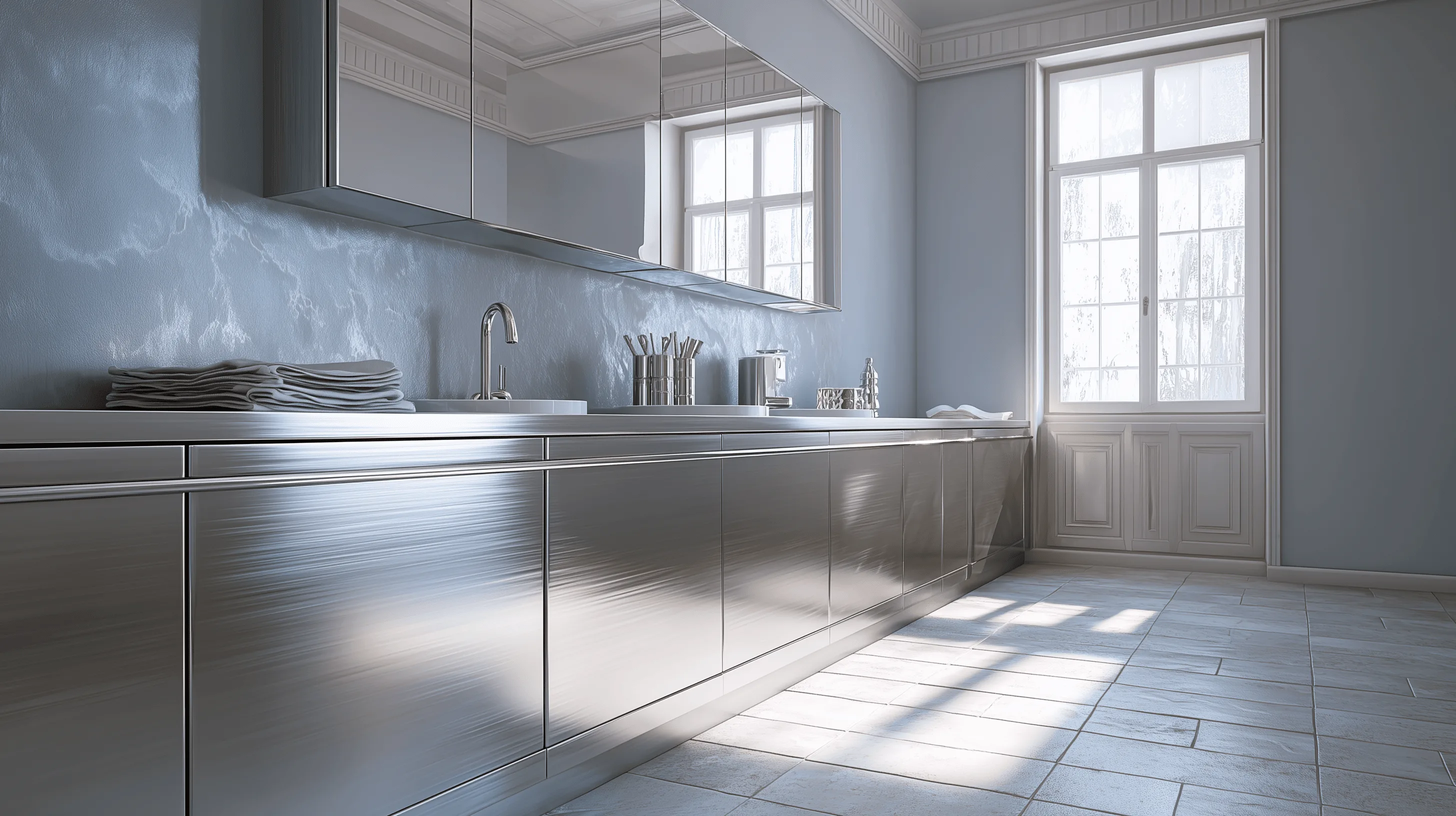 Stainless steel cabinetry application — Designer Bathroom